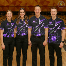 Load image into Gallery viewer, Bowling team wearing matching black and purple custom bowling jerseys front view.