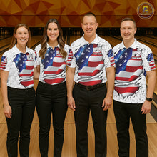 Load image into Gallery viewer, Bowling team wearing matching white grunge American flag custom bowling jerseys front view.