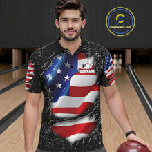 Load image into Gallery viewer, Man wearing a black grunge American flag bowling polo shirt front view, custom bowling league jersey for men.