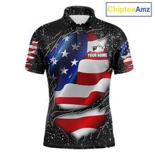 Load image into Gallery viewer, Black grunge American flag custom bowling polo shirt for men, patriotic bowling team jersey for league tournaments.