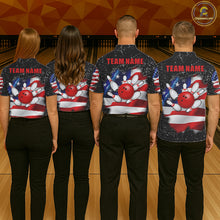 Load image into Gallery viewer, Back view of bowling team wearing matching black grunge American flag bowling league jerseys.