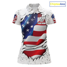 Load image into Gallery viewer, White grunge American flag custom darts polo shirt for women, patriotic darts team jersey for league tournaments.