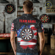 Load image into Gallery viewer, Back view of man wearing a black grunge American flag darts team jersey, custom darts tournament apparel.