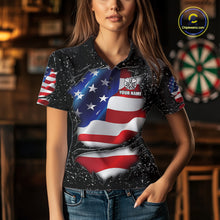 Load image into Gallery viewer, Woman wearing a black grunge American flag darts jersey front view, personalized patriotic darts team shirt.