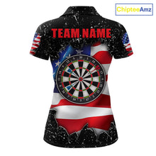 Load image into Gallery viewer, Black grunge American flag darts team polo shirt for women with distressed USA flag graphics.