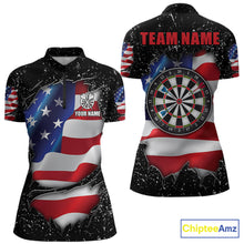Load image into Gallery viewer, Black grunge American flag quarter zip darts shirt for women, custom darts team jersey and tournament apparel.