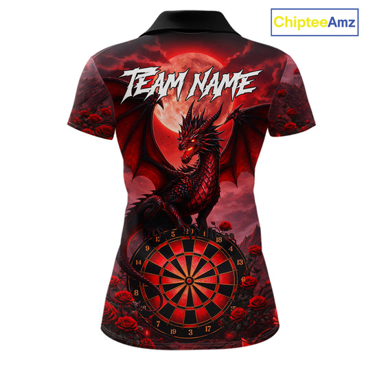 Black And Red Dartboard Roses And Dragon Darts Polo & 1/4 Zip Custom Women's Darts Team Jersey TDM5802