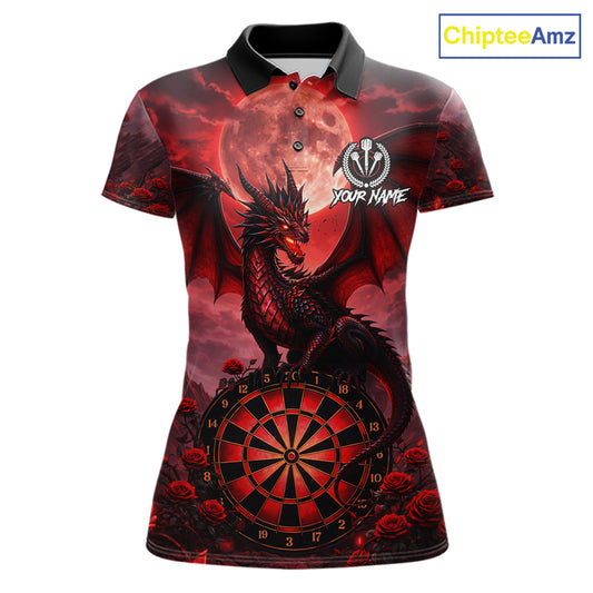 Black And Red Dartboard Roses And Dragon Darts Polo & 1/4 Zip Custom Women's Darts Team Jersey TDM5802