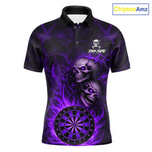 Load image into Gallery viewer, Personalized Purple Flaming Skull Darts Polo &amp; 1/4 Zip For Men Custom Fire Darts Team Jersey TDM5807