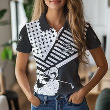 Load image into Gallery viewer, Black and White American Flag Women Golf polo shirts custom patriotic golf apparel team golf jerseys NQS9605