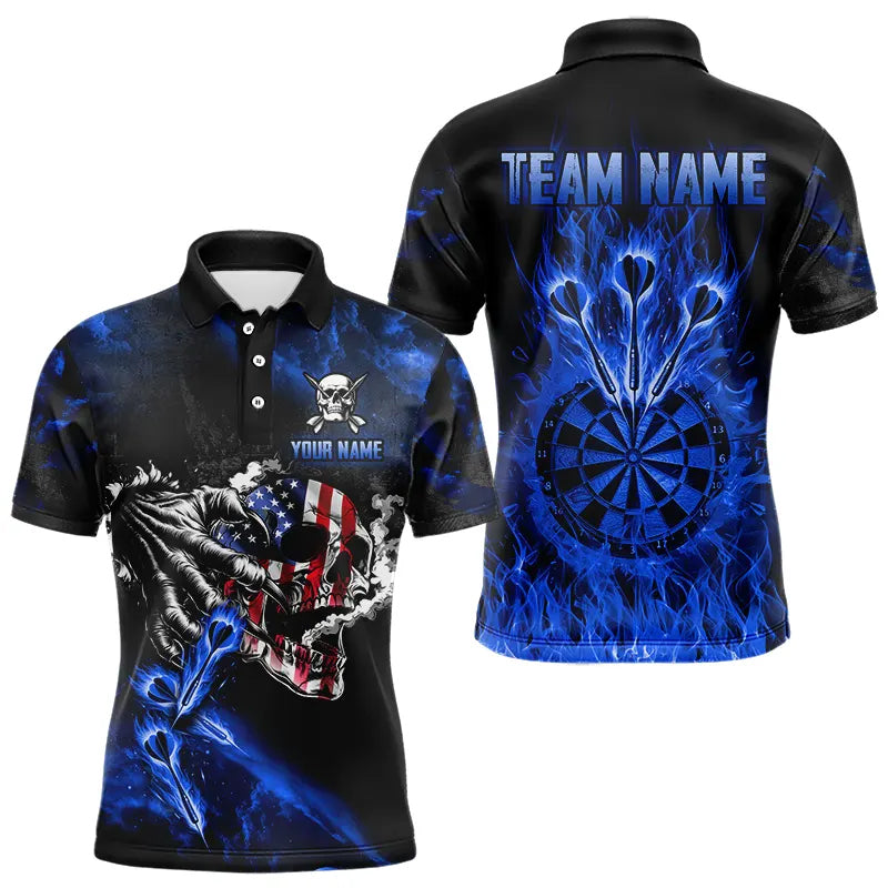 Fire Flame Darts Board American Flag Skull Dart Shirts For Men Custom Darts Team Jerseys |Blue TDM3647