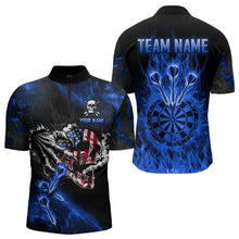 Load image into Gallery viewer, Fire Flame Darts Board American Flag Skull Dart Shirts For Men Custom Darts Team Jerseys |Blue TDM3647