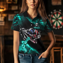 Load image into Gallery viewer, Fire Flame Darts Board American Flag Skull Dart Shirts For Women Custom Darts Team Jerseys |Turquoise TDM3648