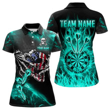 Load image into Gallery viewer, Fire Flame Darts Board American Flag Skull Dart Shirts For Women Custom Darts Team Jerseys |Turquoise TDM3648