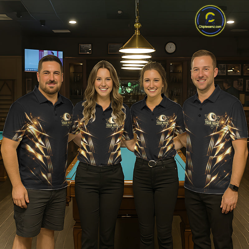 Black And Gold Lightning 8 Ball Pool Billiard Shirts For Men Custom Billiard Team League Jerseys NYN2920