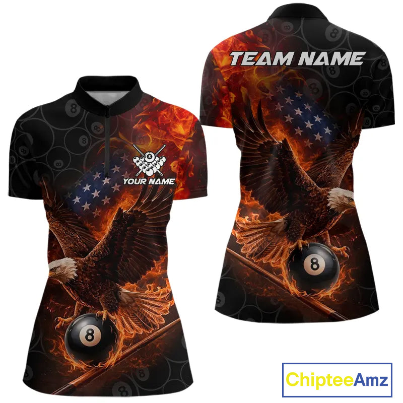 Flaming US Flag Eagle 8 Ball Billiard Shirt For Women Custom Patriotic Pool Jersey Polo & 1/4 Zip TDM6411