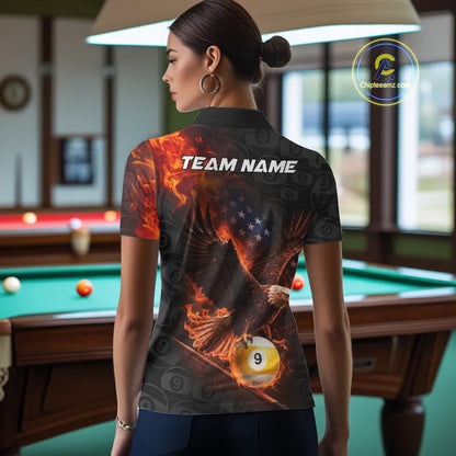 Flaming US Flag Eagle 9 Ball Billiard Shirt For Women Custom Patriotic Pool Jersey Polo & 1/4 Zip TDM6412