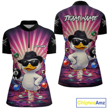 Load image into Gallery viewer, Billiard quarter zip shirt with a cartoon duck holding a pool ball on a colorful background