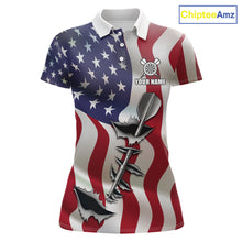 Load image into Gallery viewer, Personalized American flag steel tip dart custom darts polo shirt for women, patriotic darts team jersey.