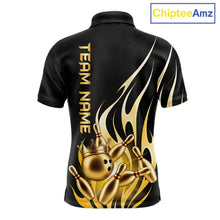 Load image into Gallery viewer, Black and gold bowling ball crown custom bowling polo shirt for men, flame bowling team jersey for tournaments.