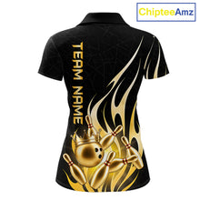 Load image into Gallery viewer, Black and gold bowling ball crown custom bowling polo shirt for women.