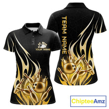 Load image into Gallery viewer, Black and gold bowling ball crown bowling team polo shirt for women with flame bowling graphics.
