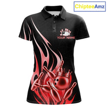 Load image into Gallery viewer, Black and red bowling ball crown custom bowling polo shirt for women.