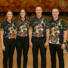 Load image into Gallery viewer, Bowling team wearing matching funny beer bear custom bowling jerseys front view.