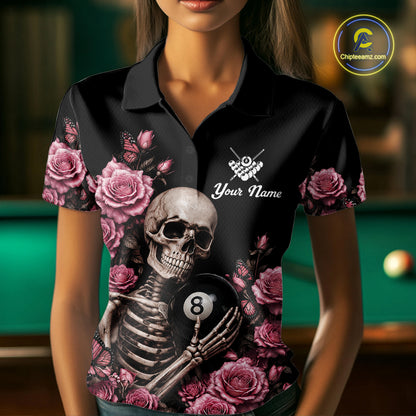 Woman Wearing Custom Pink 8 Ball Pool Roses Skeleton Gothic Billiard Polo Shirt with Athletic Performance Fit and Premium Gothic Artwork, Front View