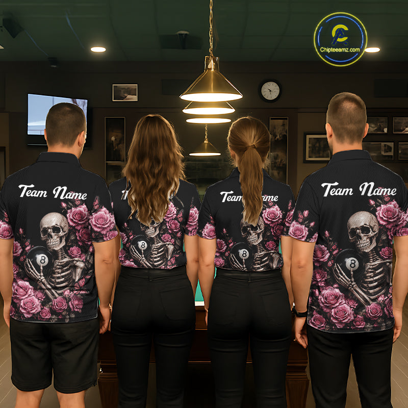Pool Team Wearing Custom Pink 8 Ball Pool Roses Skeleton Gothic Custom Billiard Team Jerseys Featuring the Complete Back Artwork, Back View