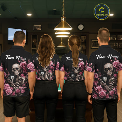Pool Team Wearing Custom Pink 8 Ball Pool Roses Skeleton Gothic Custom Billiard Team Jerseys Featuring the Complete Back Artwork, Back View