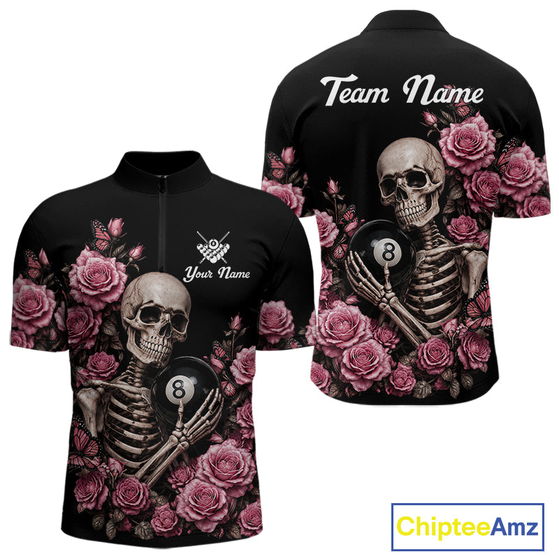 Custom Pink 8 Ball Pool Roses Skeleton Gothic Quarter Zip Billiard Shirt Created for Pool League Teams with Performance Fabric and Tournament Ready Comfort