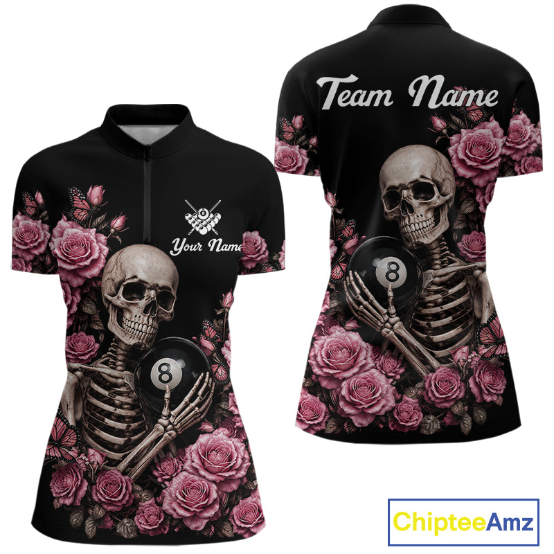 Custom Pink 8 Ball Pool Roses Skeleton Gothic Quarter Zip Billiard Shirt Created for Pool League Teams with Performance Fabric and Tournament Ready Comfort