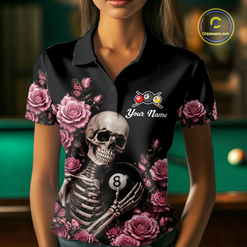 Woman Wearing Custom Pink 8 Ball 9 Ball Roses Skeleton Gothic Billiard Polo Shirt with Athletic Performance Fit and Detailed Gothic Artwork, Front View