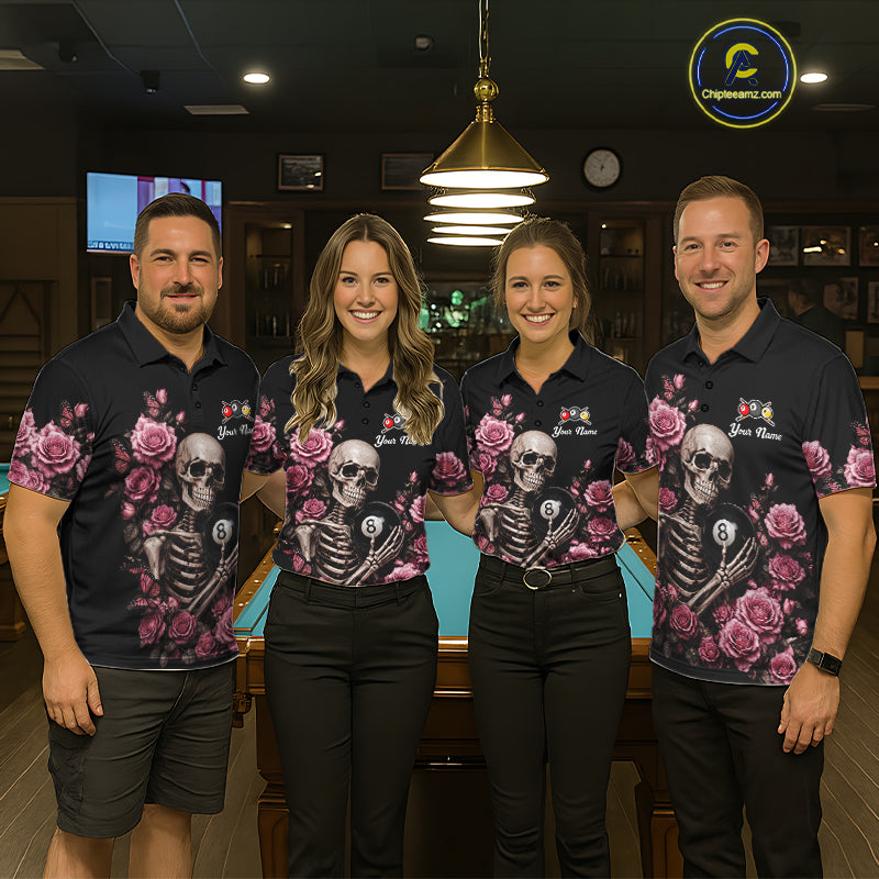 Pool Team Wearing Custom Pink 8 Ball 9 Ball Roses Skeleton Gothic Billiard Jerseys During League Competition and Tournament Events, Front View