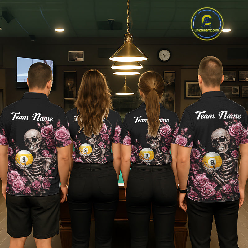 Pool Team Wearing Custom Pink 8 Ball 9 Ball Roses Skeleton Gothic Custom Billiard Team Jerseys Featuring the Complete Back Artwork, Back View