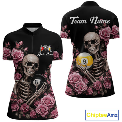 Custom Pink 8 Ball 9 Ball Roses and Skeleton Gothic Billiard Polo Shirt Featuring Elegant Gothic Artwork for Pool League Players, Team Competition, and Tournament Events
