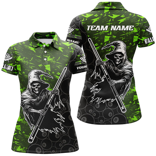 Personalized Green Abstract Death Skeleton Women Billiard Shirts, Halloween Scary Billiard Jerseys TDM2606