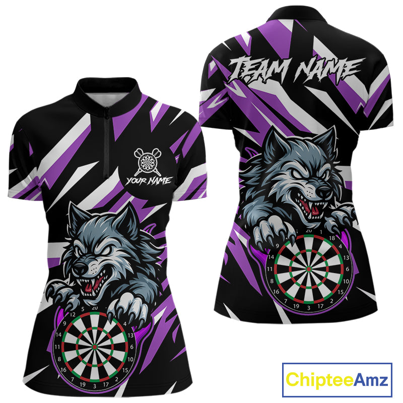 Personalized Wolf Darts Polo & Quarter Zip Custom Darts Shirt For Women, Darts Jersey |Purple TDM5319