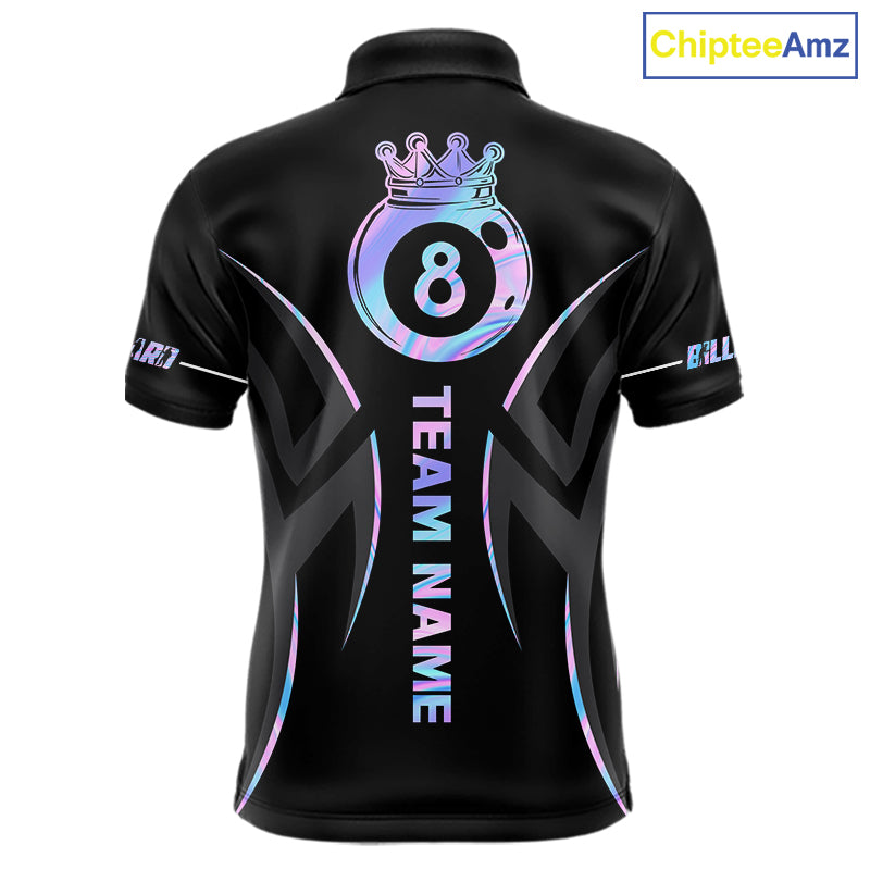 Custom Holographic 8 Ball Crown Billiard Shirts For Men, Pool Team Jersey Polo & 1/4 Zip |Black TDM6191