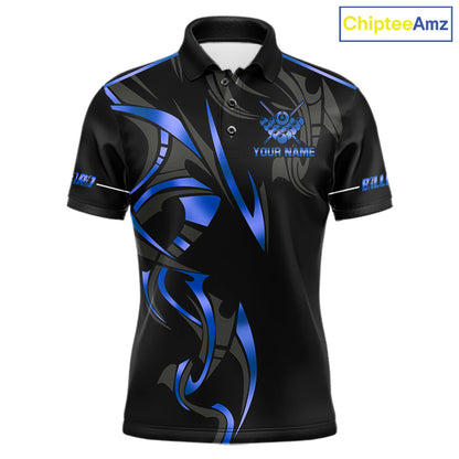 Custom Blue 8 Ball Pool Crown Billiard Shirts For Men, Billiard Team Jersey Polo & 1/4 Zip |Black TDM6192