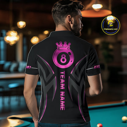 Custom Pink 8 Ball Pool Crown Billiard Shirts For Men, Billiard Team Jersey Polo & 1/4 Zip |Black TDM6193