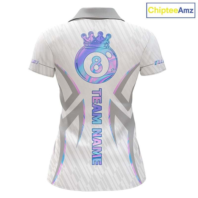 Custom Holographic 8 Ball Crown Billiard Shirts For Women, Pool Team Jersey Polo & 1/4 Zip |White TDM6195