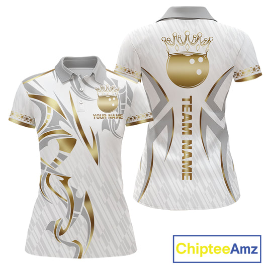 Custom Gold Bowling Ball Crown Bowling Shirt For Women, Bowling Team Jersey Polo & 1/4 Zip |White TDM6197