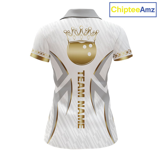 Custom Gold Bowling Ball Crown Bowling Shirt For Women, Bowling Team Jersey Polo & 1/4 Zip |White TDM6197