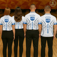 Load image into Gallery viewer, Custom Blue Bowling Ball Crown Bowling Shirt For Men, Bowling Team Jersey Polo &amp; 1/4 Zip |White TDM6198