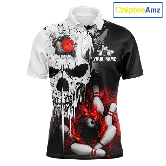 Personalized Red Grunge Skull Bowling Shirt For Men, Bowling League Team Jersey Polo & 1/4 Zip TDM6418
