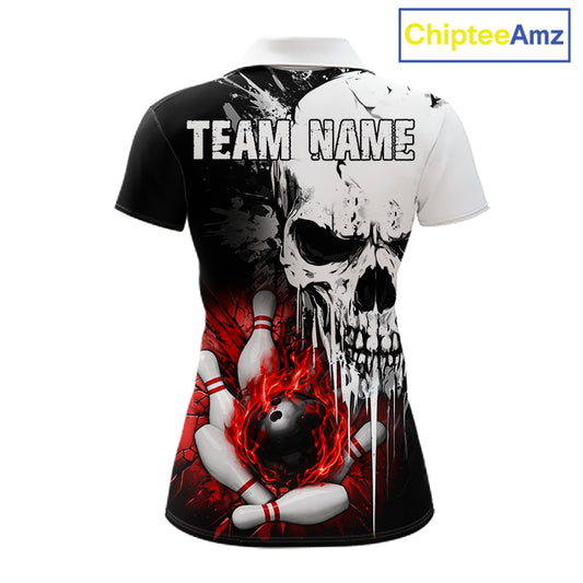 Personalized Red Grunge Skull Bowling Shirt For Women, Bowling League Team Jersey Polo & 1/4 Zip TDM6418