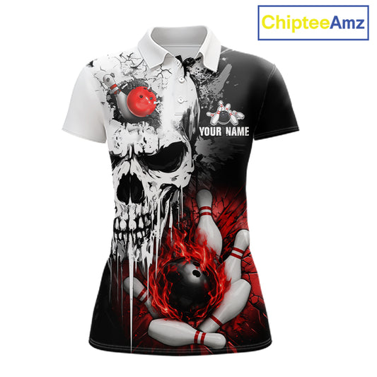 Personalized Red Grunge Skull Bowling Shirt For Women, Bowling League Team Jersey Polo & 1/4 Zip TDM6418