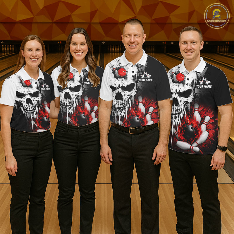 Personalized Red Grunge Skull Bowling Shirt For Women, Bowling League Team Jersey Polo & 1/4 Zip TDM6418